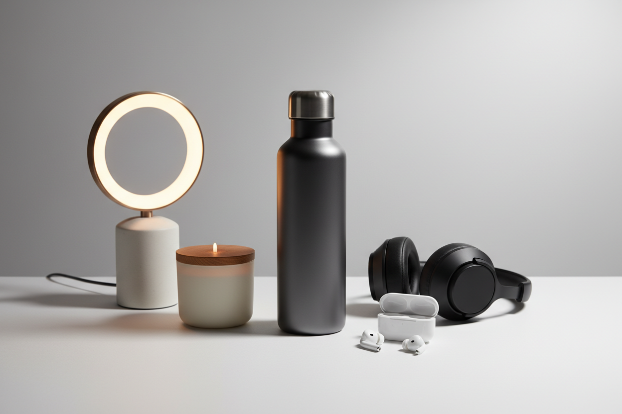 generate image of water bottle, lamp, candle, earbuds and headphone
